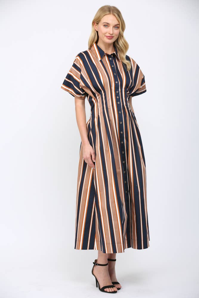 STRIPE PRINT CINCHED WAIST DOLMAN SLV SHIRT DRESS FD35727