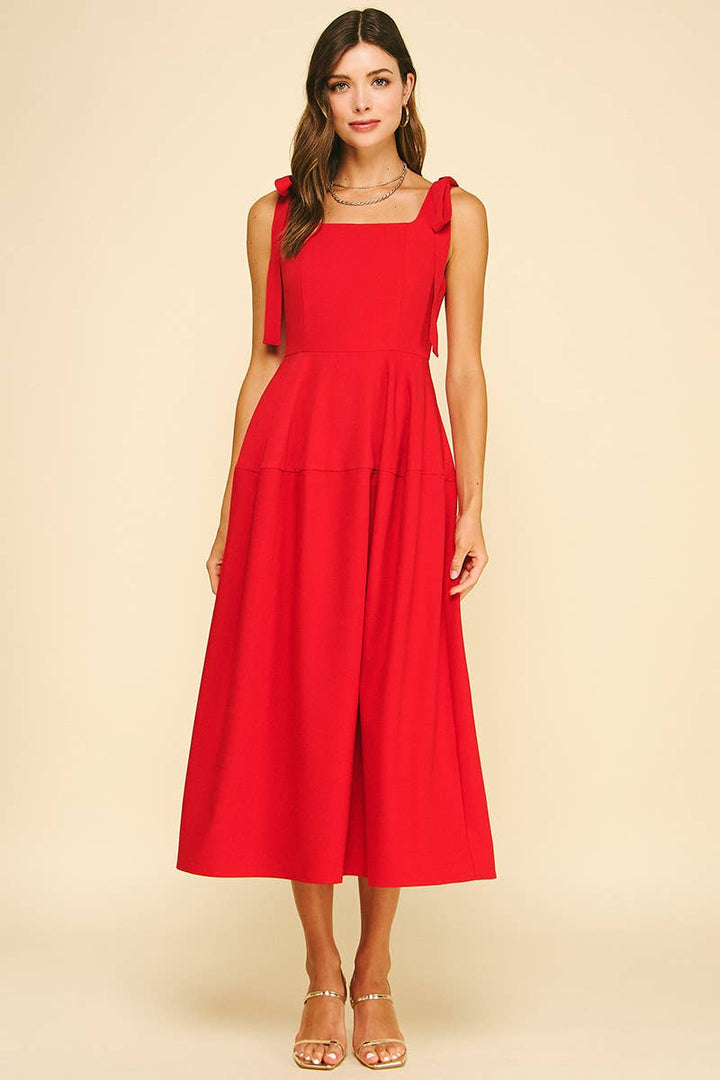 Pinch Ribbon Detailed Sleeve Midi Dress- Red