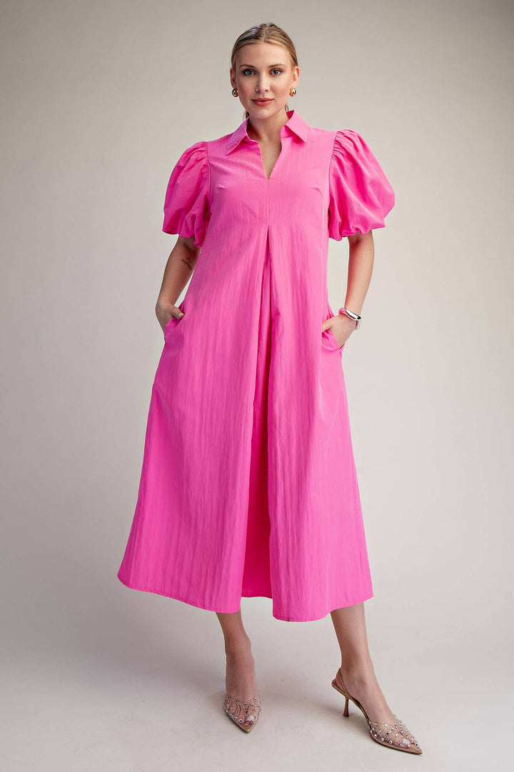 Hot Pink Collar V-Neck Puff Sleeve Pleated Midi Dress