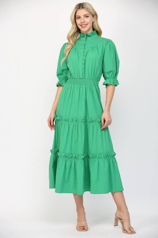 Fate Scalloped Edge Detailed Short Sleeve Maxi Dress- Green