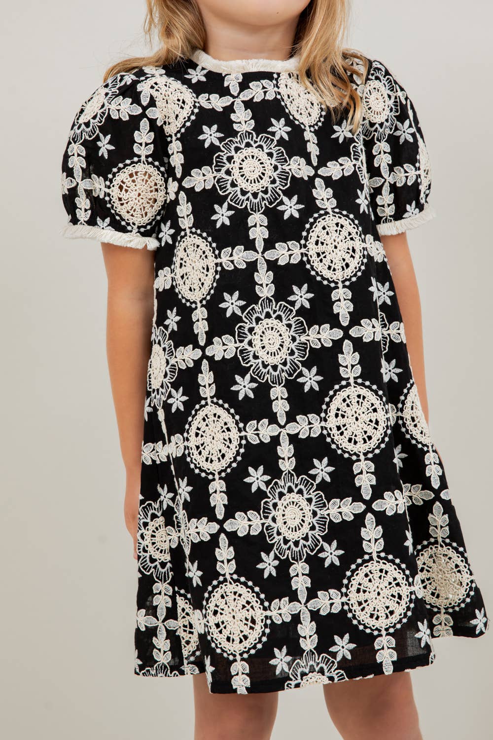 VOY Children’s Floral Embroidered Short Sleeve Dress- Black and Cream