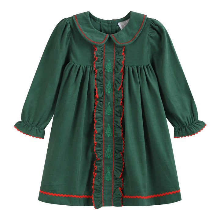 Green Corduroy Christmas Tree Ruffle Dress