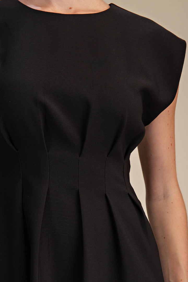 Glam Black Round Neck Pleated Midi Dress