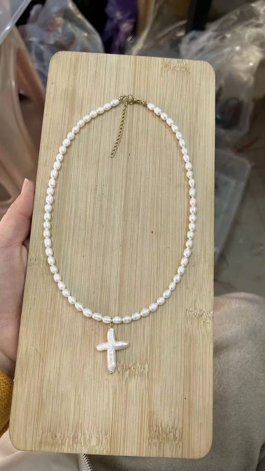 Hoo Hoops Mother of Pearl Cross Necklace