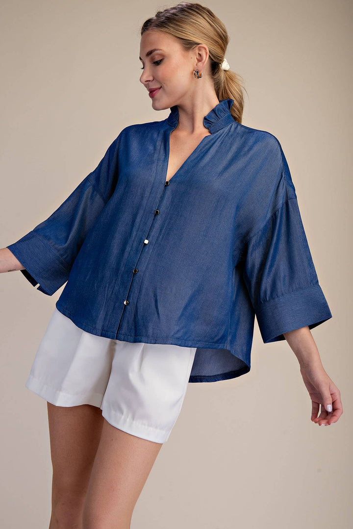 Glam Indigo Ruffle V-neck Wide Sleeve Shirt