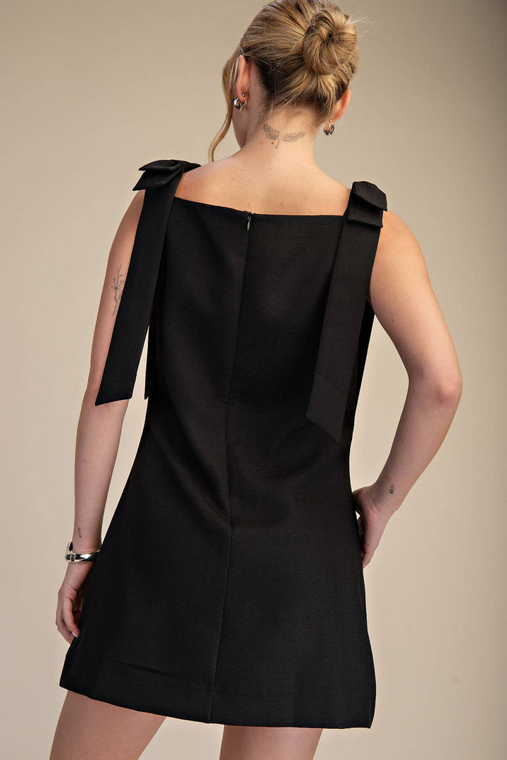 Bow Strap Mini Dress With Straight Neckline