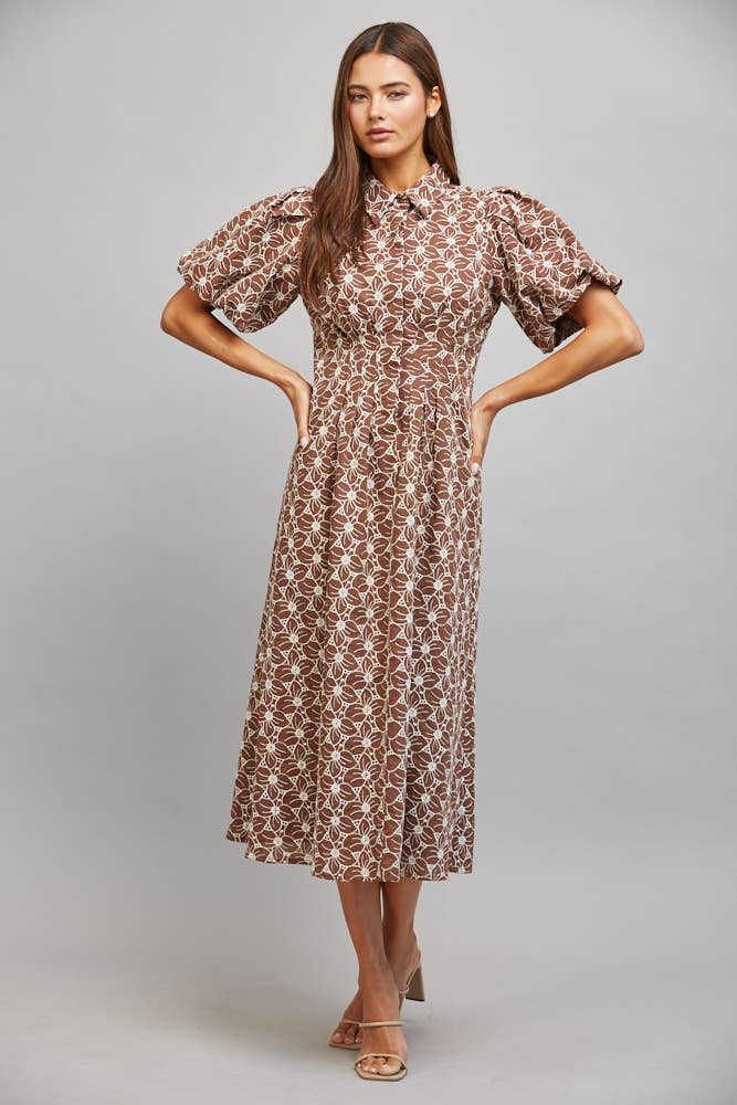 Brown Floral Eyelet Button Down Midi Dress w Cinched Waist