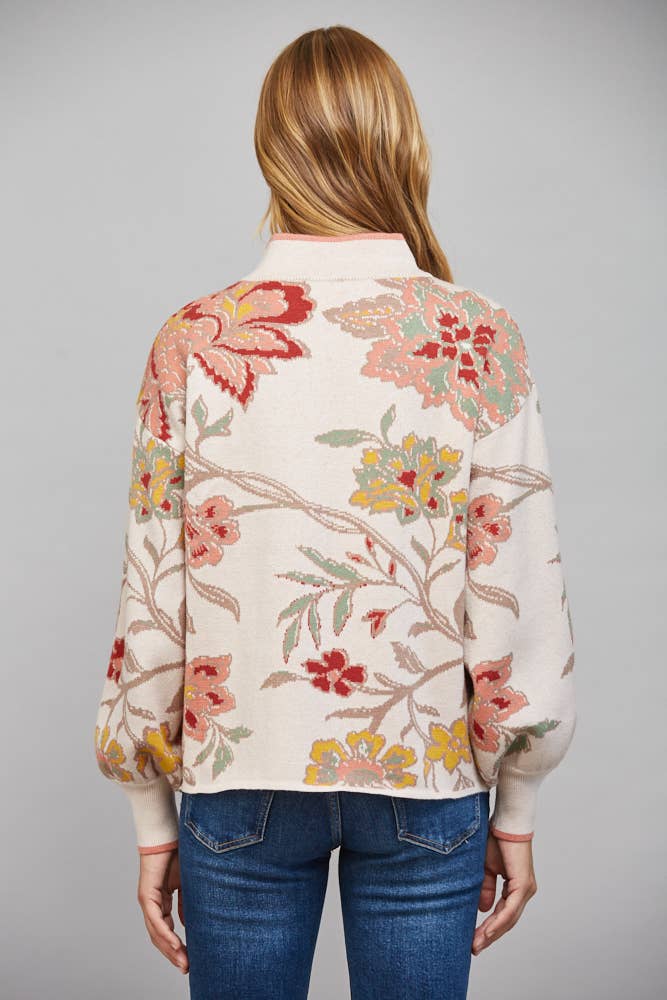 FLORAL PATTERN JACQUARD KNIT MOCK NECK SWEATER FW10926