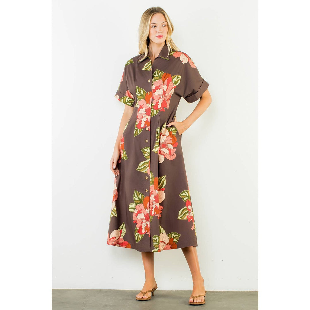 Long Flower Dress With Cuff Sleeves