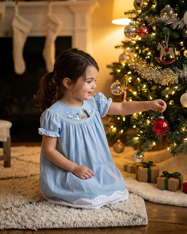 Light Blue Nativity Smocked Bishop Sleeve Dress