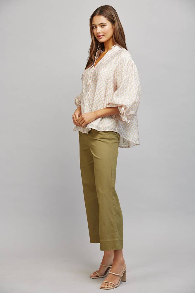 FLORAL BLOCK PRINT TENCEL BLEND RUFFLE BLOUSE FT21343