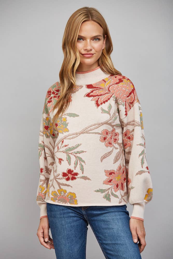 FLORAL PATTERN JACQUARD KNIT MOCK NECK SWEATER FW10926