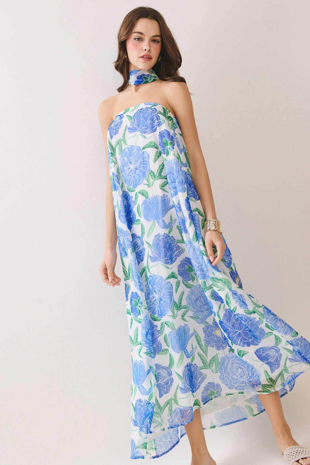 Strapless Floral Maxi Dress with Convertible Scarf