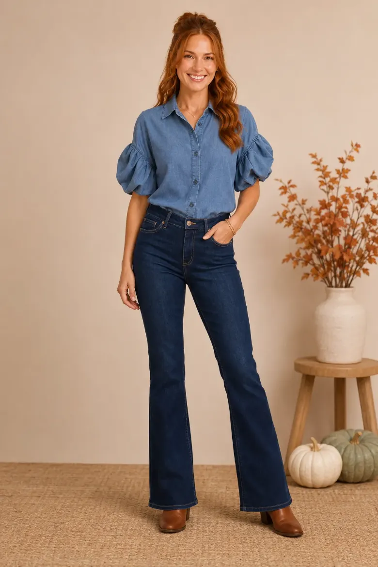 TENCEL PUFF SLEEVE BUTTON FRONT SHIRT