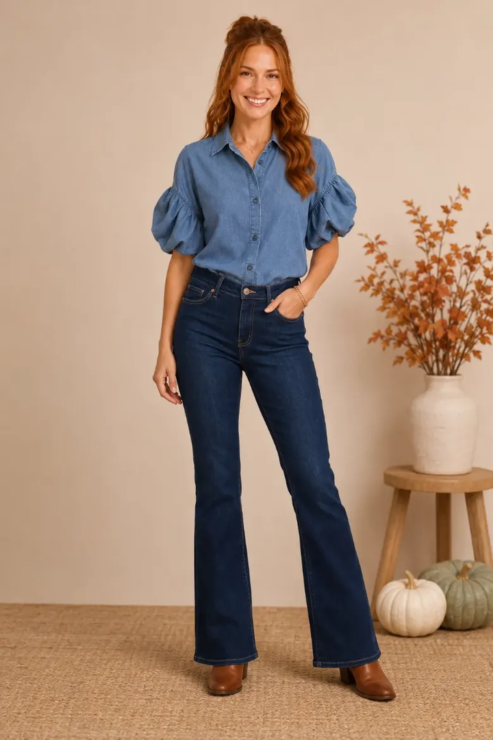 TENCEL PUFF SLEEVE BUTTON FRONT SHIRT