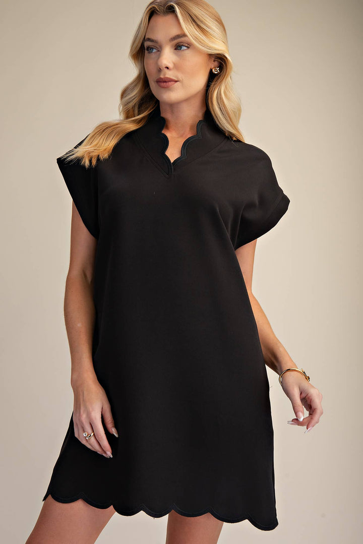 Black Scallop V-Neck Mini Dress