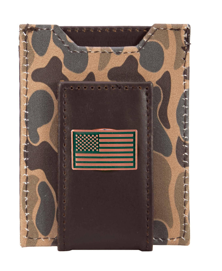 Men's Magnetic Front Pocket Old School Camo USA Flag Emblem Leather Wallet.