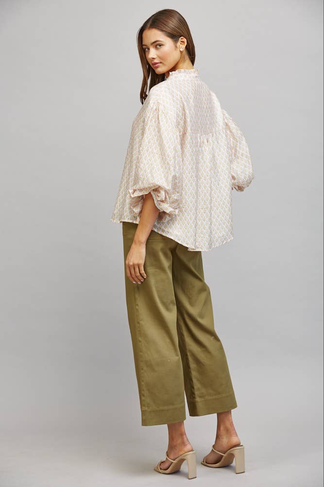 FLORAL BLOCK PRINT TENCEL BLEND RUFFLE BLOUSE FT21343