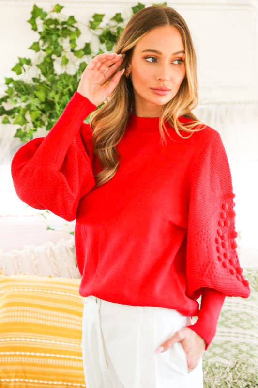 Round Neck Pom Pom Balloon Long-Sleeve Knit Sweater