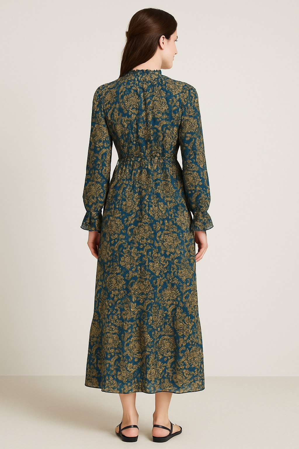 V-NECKLINE WITH RUFFLE DETAIL WAIST MAXI DRESS FD35770