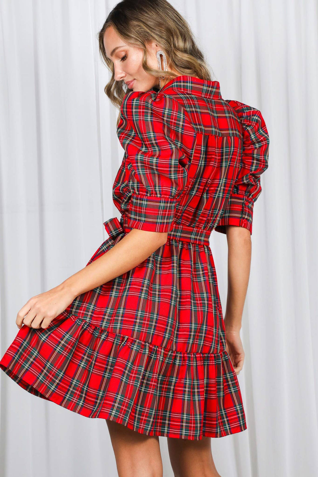 Plaid Short Puff Sleeve Mini Dress