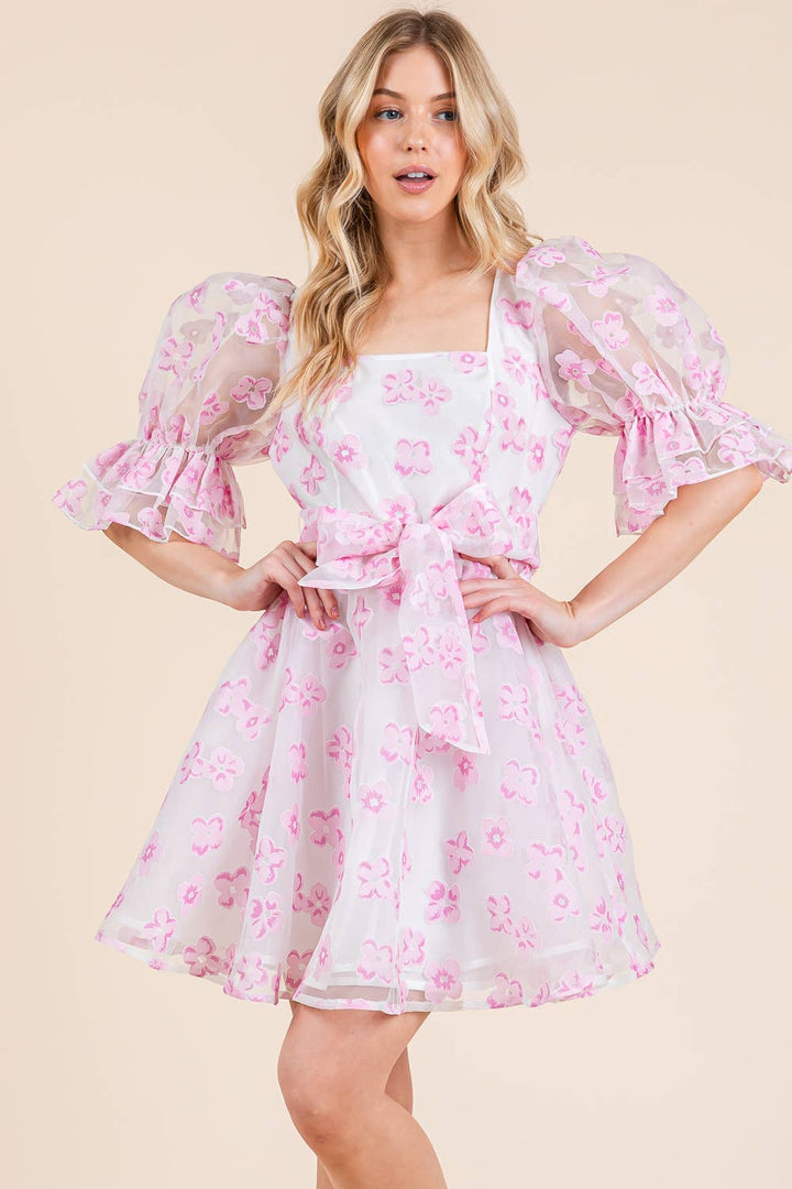 Pink Floral Organza Fit & Flare Mini Dress