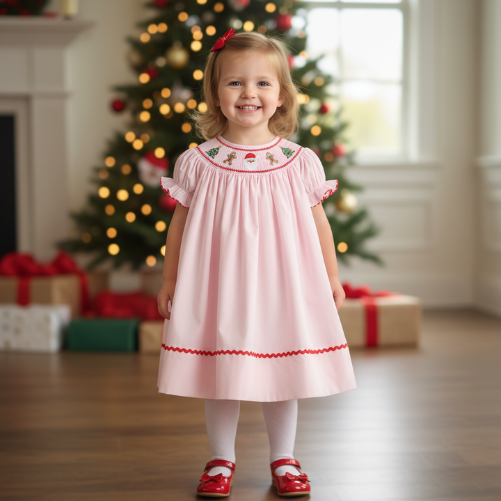 Pink Christmas Smocked Bishop Dress