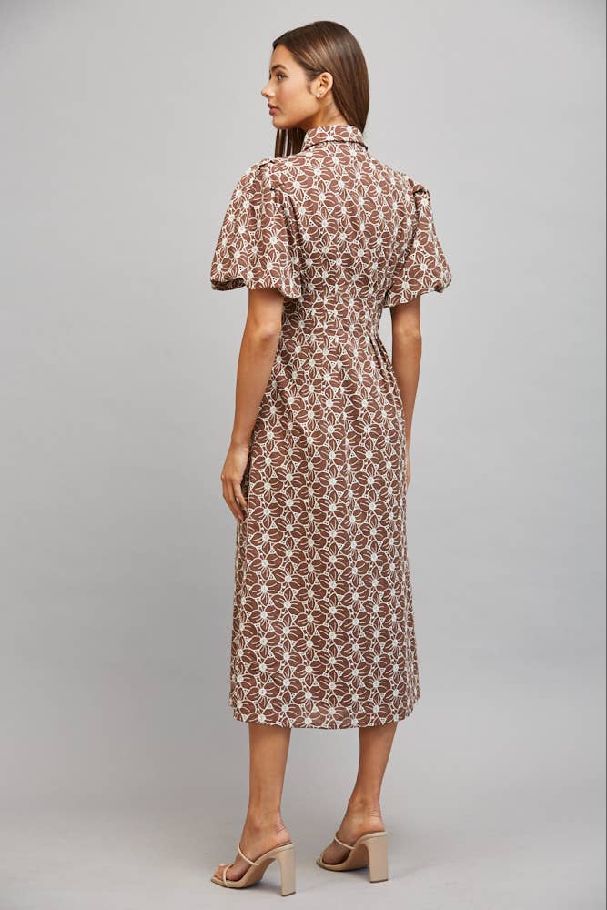 Brown Floral Eyelet Button Down Midi Dress w Cinched Waist