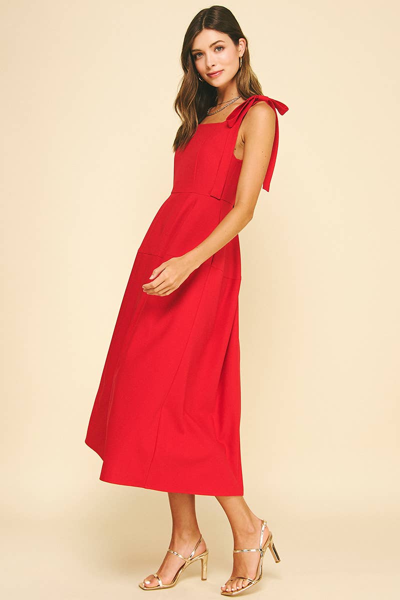 Pinch Ribbon Detailed Sleeve Midi Dress- Red