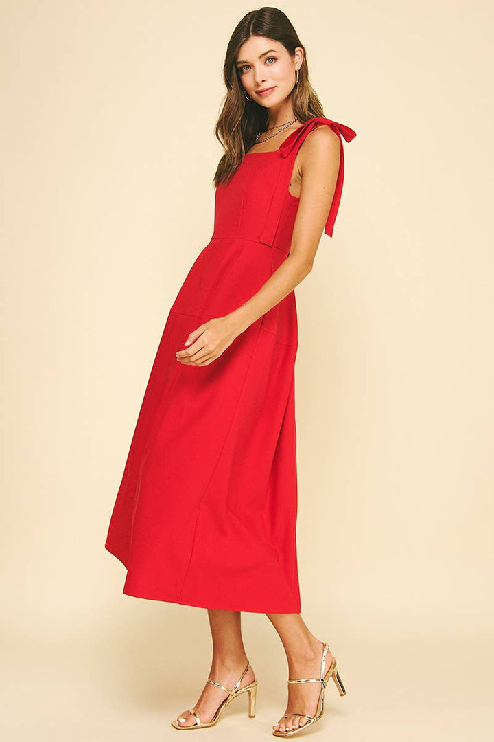 Pinch Ribbon Detailed Sleeve Midi Dress- Red