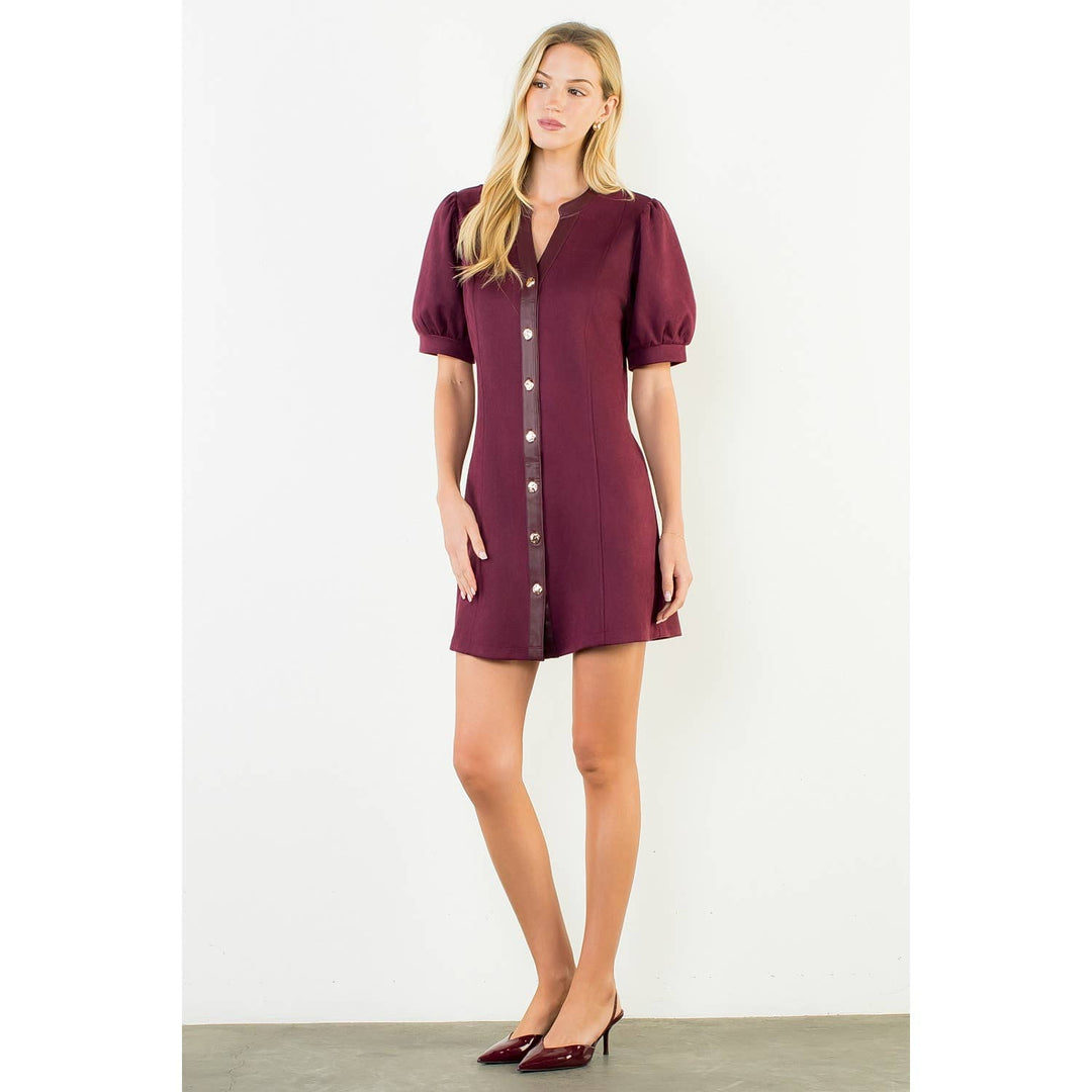 Burgundy Suede Short Dress With Gold Buttons