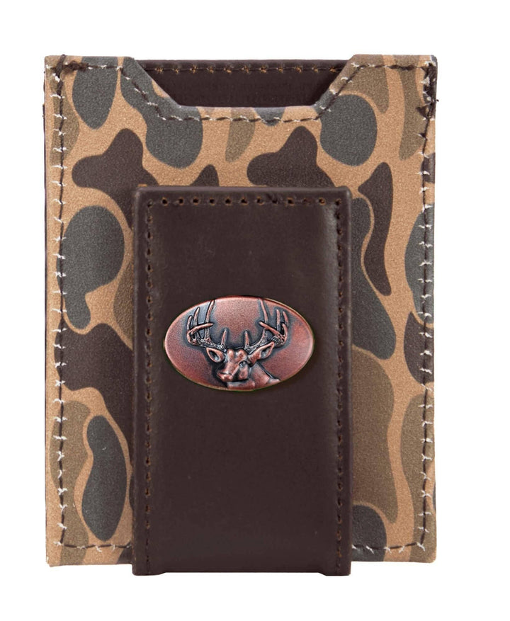 Men's Magnetic Front Pocket Old School Camo With Buck Emblem Leather Wallet