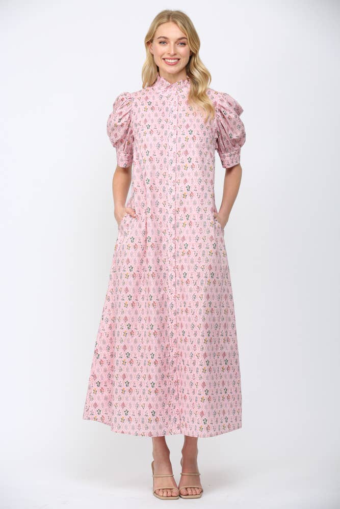 Fate Floral Hight Ruffled Mock Neck Button Down Maxi Dress