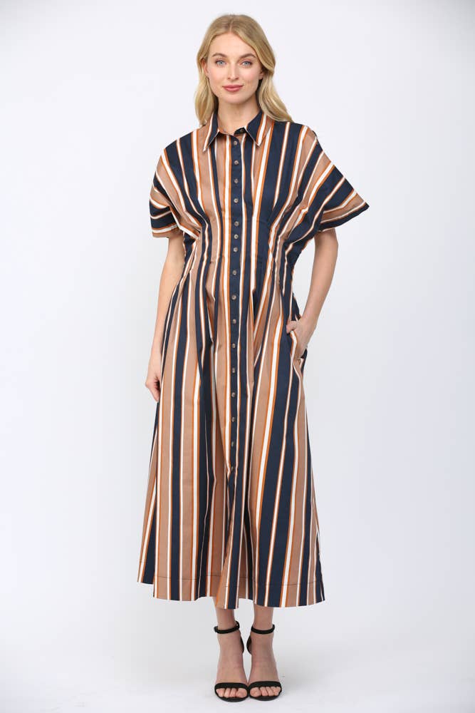 STRIPE PRINT CINCHED WAIST DOLMAN SLV SHIRT DRESS FD35727