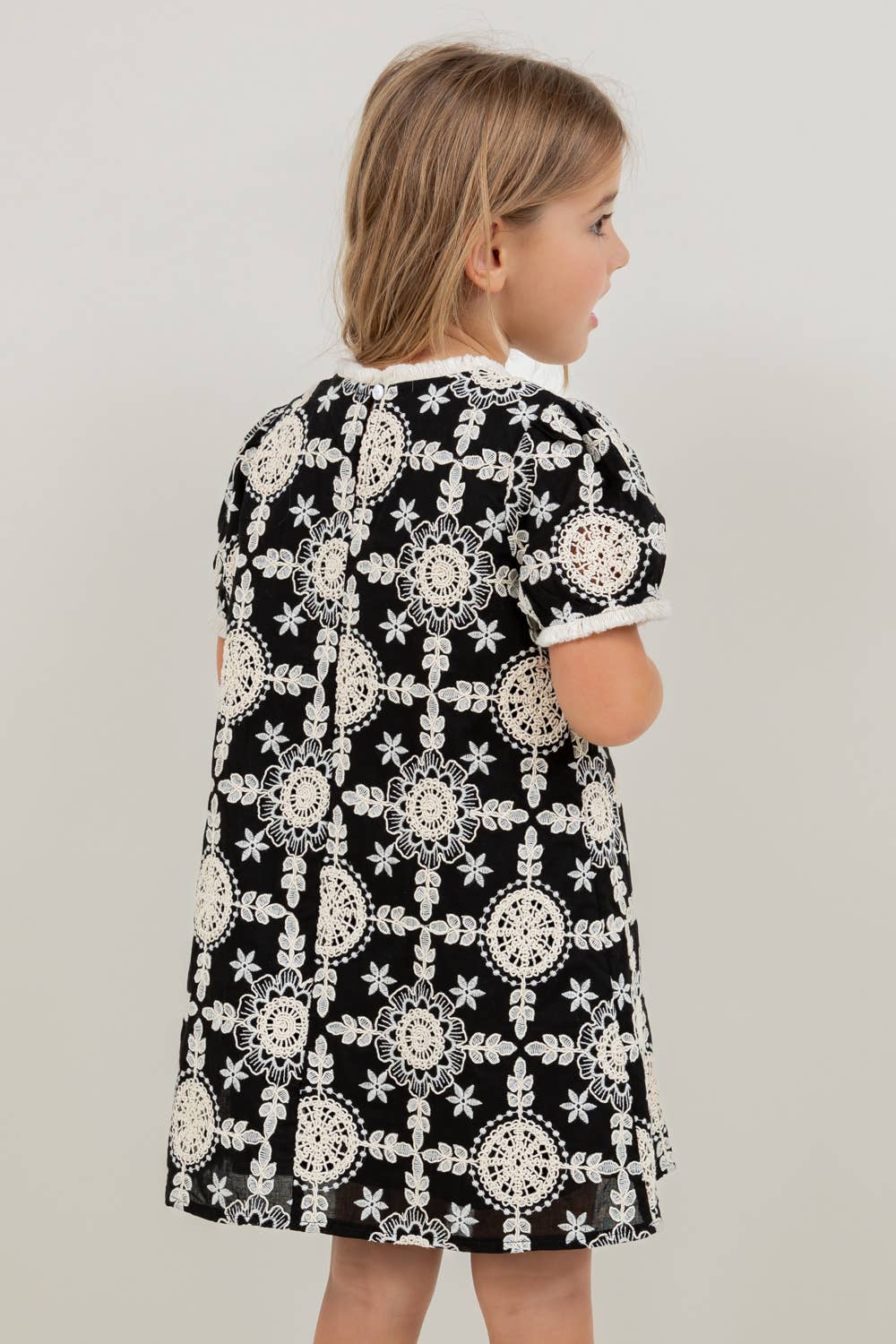 VOY Children’s Floral Embroidered Short Sleeve Dress- Black and Cream