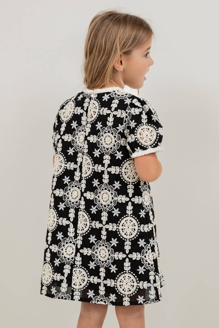 VOY Children’s Floral Embroidered Short Sleeve Dress- Black and Cream