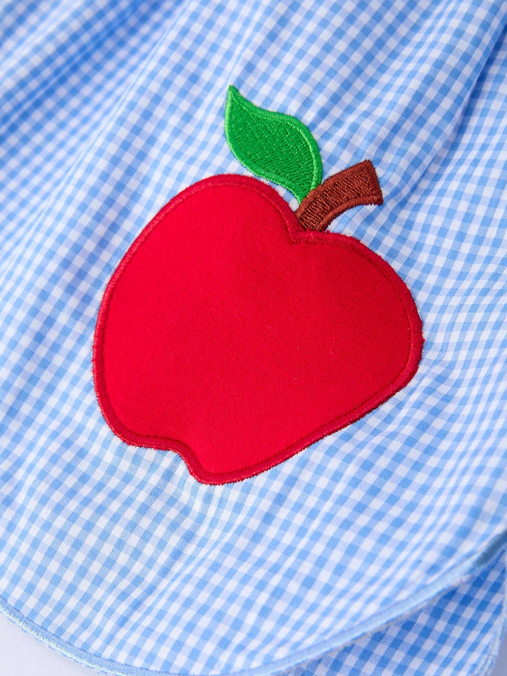 Back To School Apple Applique Plaid Girls Smocked Dress