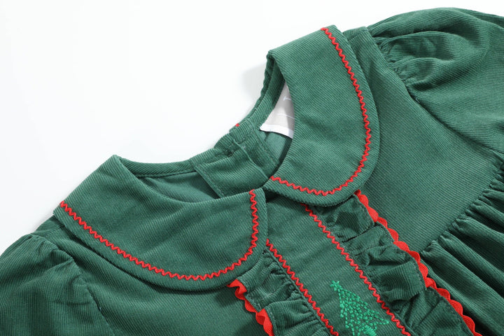 Green Corduroy Christmas Tree Ruffle Dress