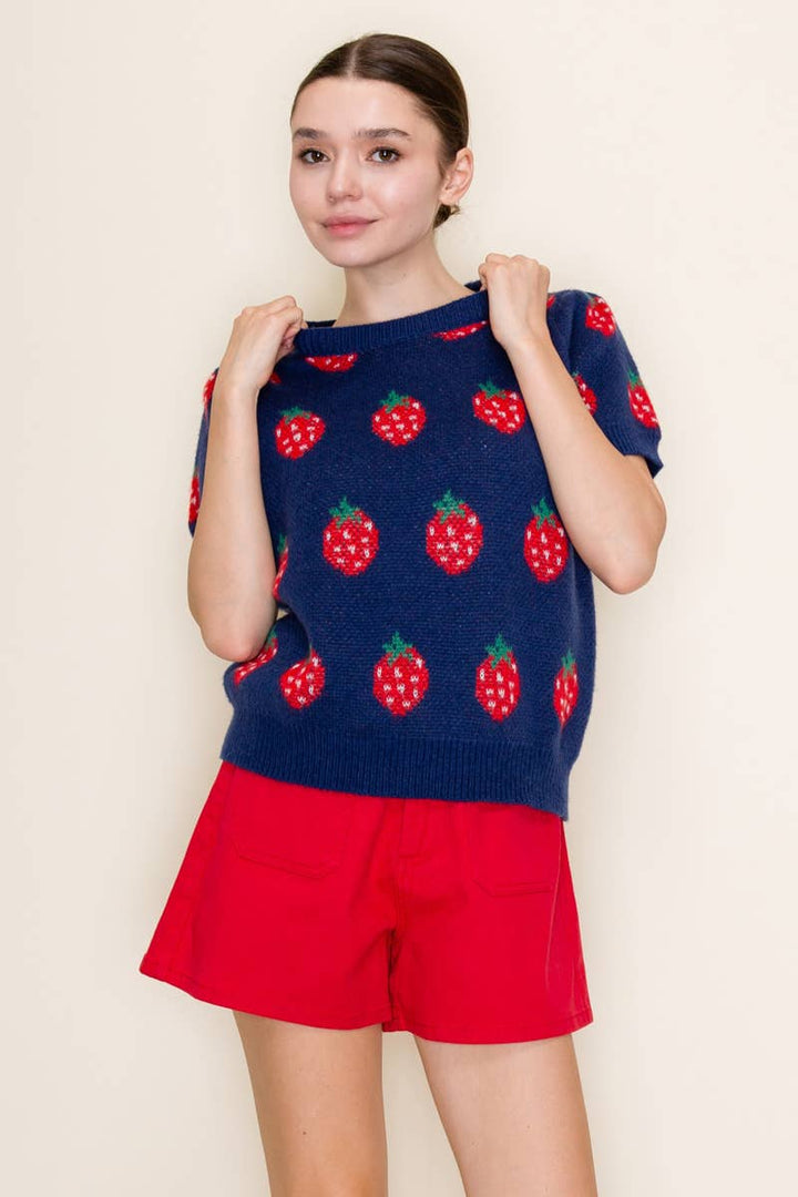 Navy Strawberry Knit Short Sleeve Top