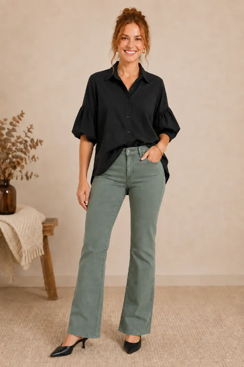 TENCEL PUFF SLEEVE BUTTON FRONT SHIRT
