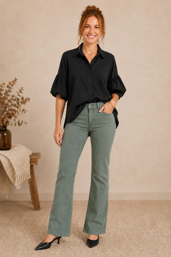 TENCEL PUFF SLEEVE BUTTON FRONT SHIRT