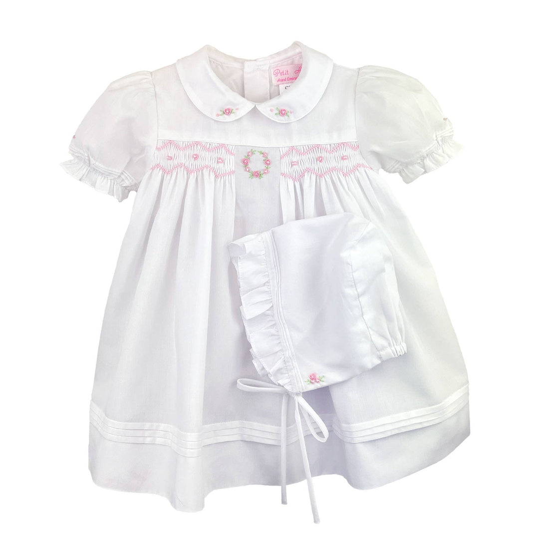 Pink and White Flower Embroidered Smocked Dress