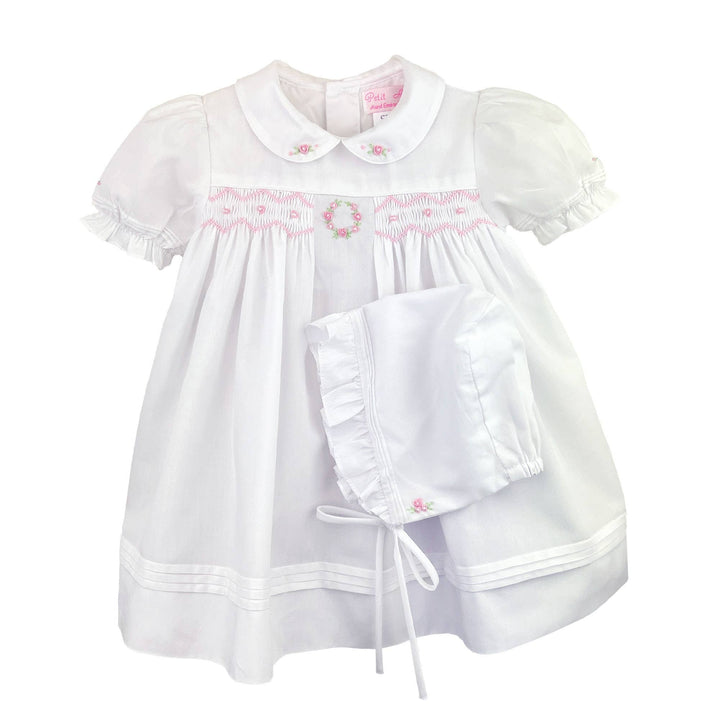 Pink and White Flower Embroidered Smocked Dress