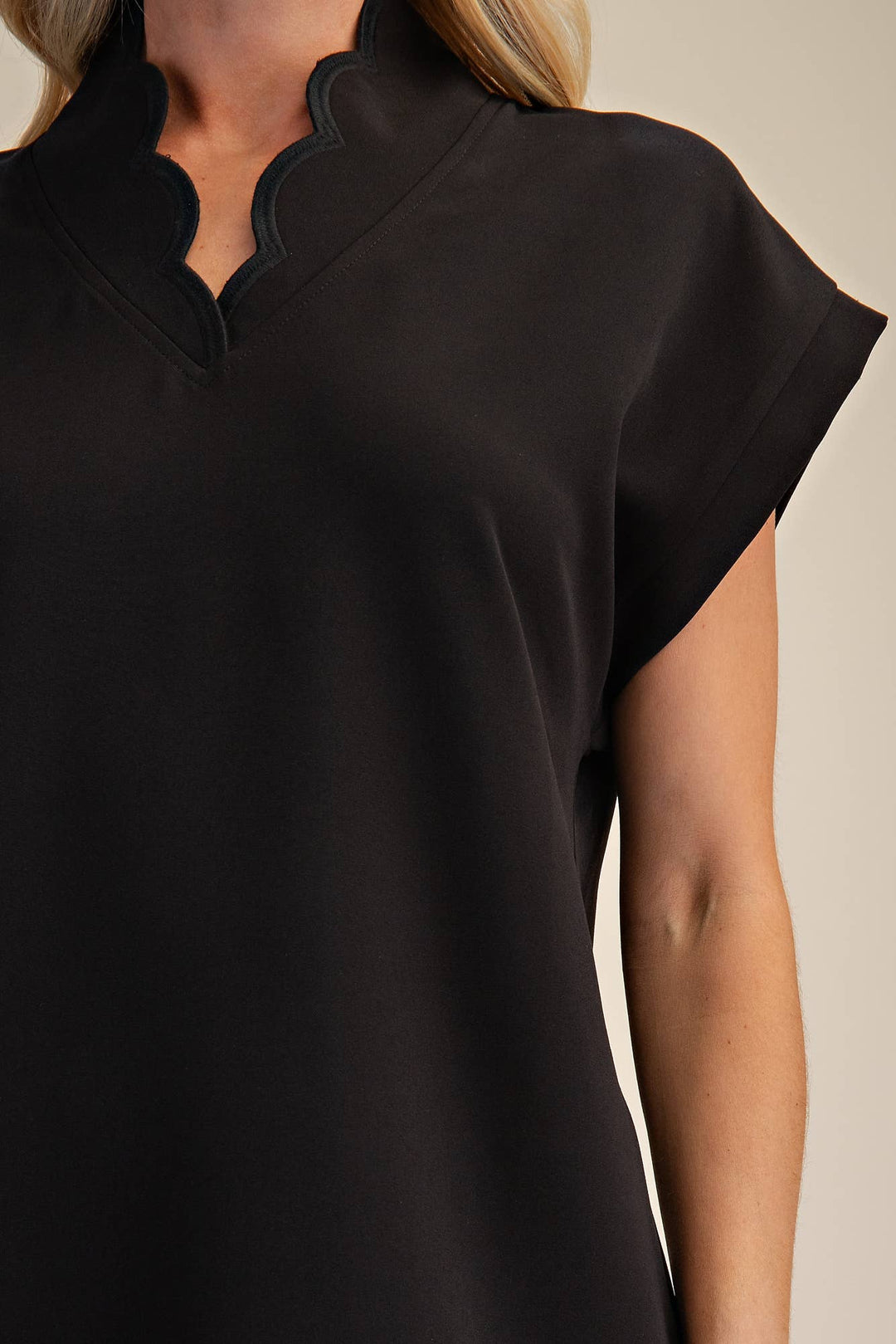 Black Scallop V-Neck Mini Dress