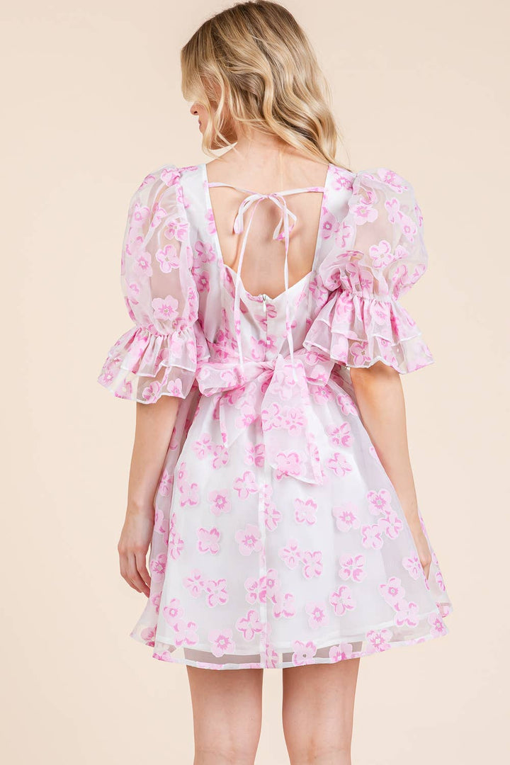 Pink Floral Organza Fit & Flare Mini Dress
