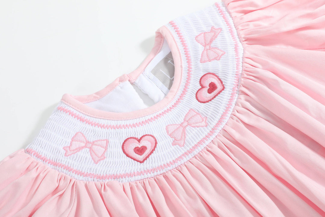 Lil Cactus Valentine’s Pink Hearts & Bows Smocked Bishop Dress