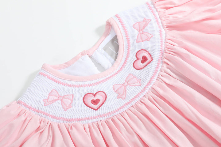 Lil Cactus Valentine’s Pink Hearts & Bows Smocked Bishop Dress