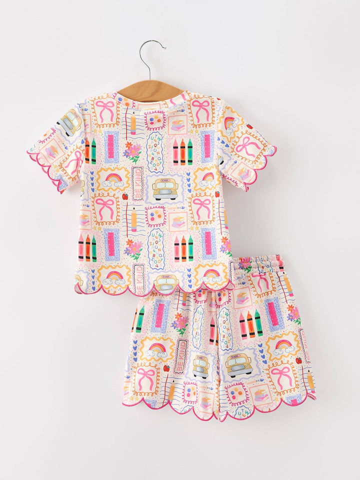 Girls Back to School Short Set with Scalloped Hem