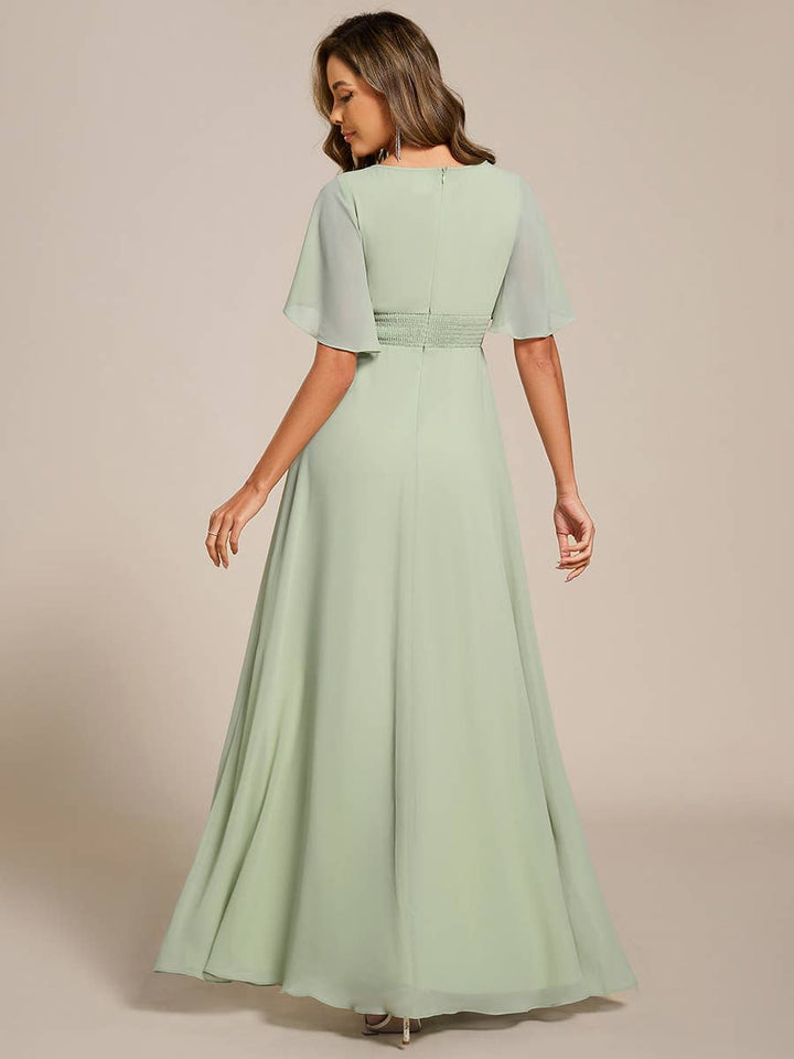 Mint Green Short Sleeves Pleated Applique Formal Evening Dress