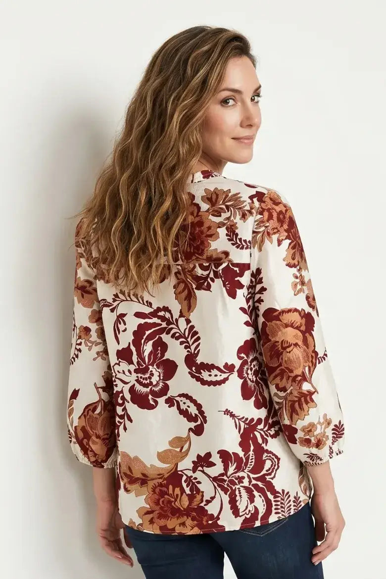 Linique Floral Tie Front Balloon Sleeve Blouse